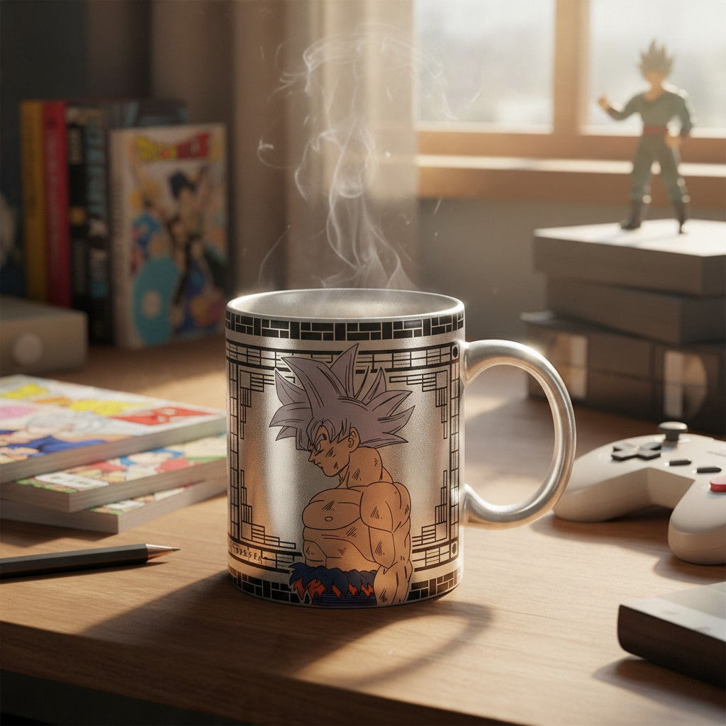 Fans Geek Store ceramic mug featuring Goku in Ultra Instinct form with a metallic silver finish on a wooden desk