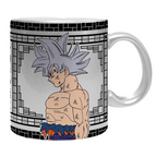 Fans Geek Store Dragon Ball Super ceramic mug featuring Goku in Ultra Instinct form with a metallic silver finish.