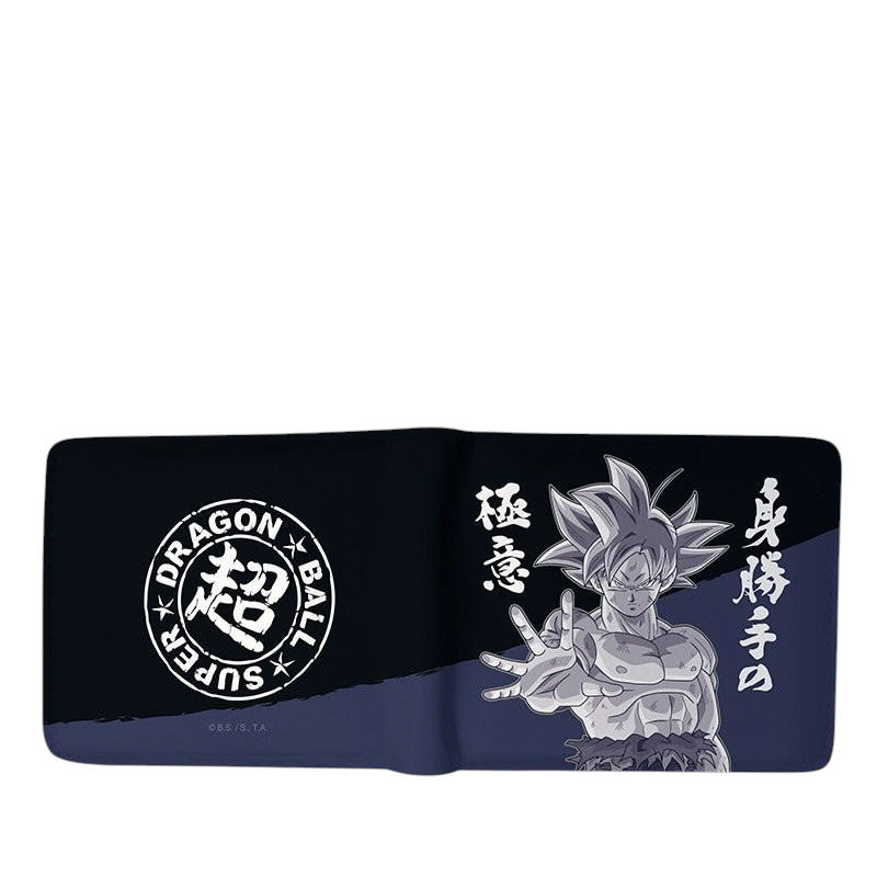 Fans Geek Store Dragon Ball Super vinyl wallet featuring Goku in Ultra Instinct form on a dark blue background
