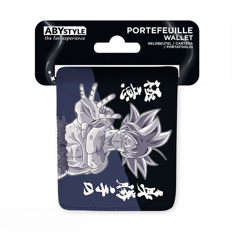 Fans Geek Store Dragon Ball Super vinyl wallet featuring Goku in Ultra Instinct form with Japanese kanji graphics