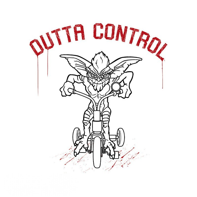 Fans Geek Store white cotton t-shirt featuring a Gremlins Outta Control graphic print of Stripe on a tricycle.
