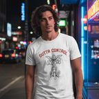 Fans Geek Store white cotton Gremlins Outta Control graphic t-shirt worn by a man on a city street at night.
