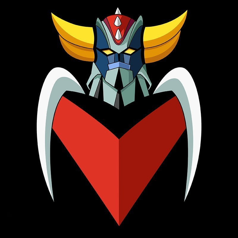 Fans Geek Store black unisex cotton t-shirt featuring a large, colorful Grendizer robot bust graphic print.
