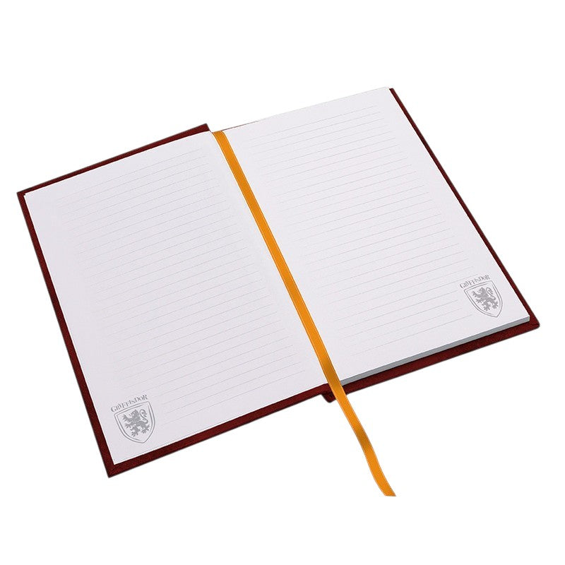 Fans Geek Store Harry Potter Gryffindor A5 hardcover notebook open with lined pages and a gold ribbon bookmark