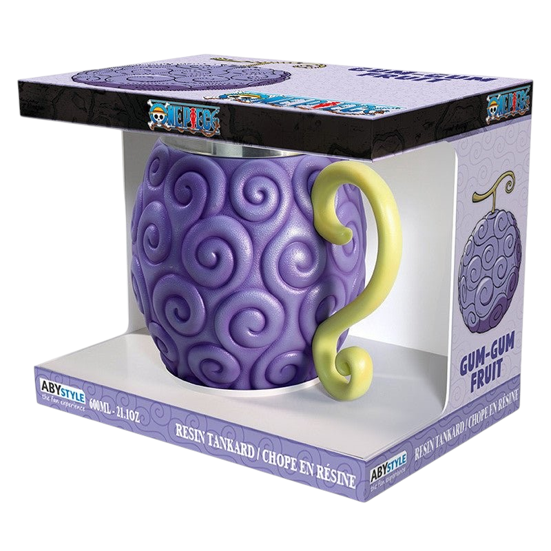 Fans Geek Store One Piece Gum-Gum Fruit 3D tankard mug with purple swirl design and stainless steel interior in box