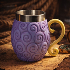 Fans Geek Store One Piece Gum-Gum Fruit 3D tankard with purple swirl pattern, yellow handle, and stainless steel rim.