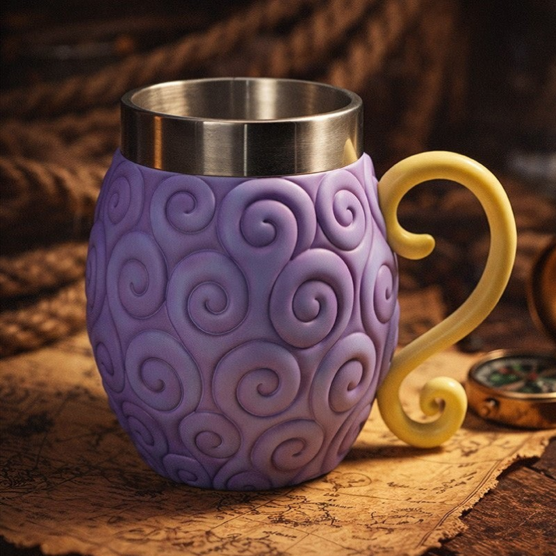 Fans Geek Store One Piece Gum-Gum Fruit 3D tankard with purple swirl pattern, yellow handle, and stainless steel rim.