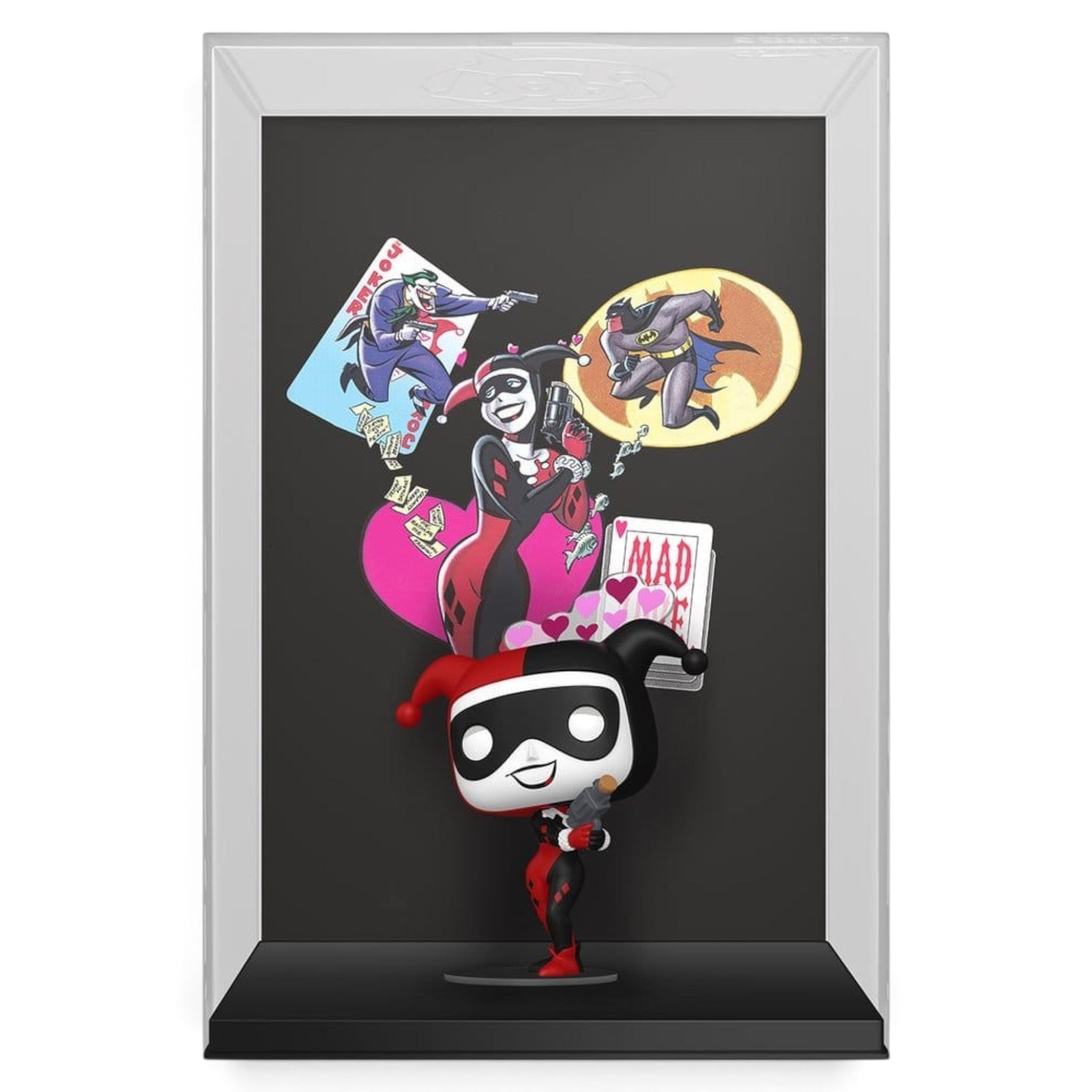 Fans Geek Store Harley Quinn Funko Pop Comic Covers vinyl figure in a protective display case with DC comic backdrop