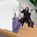 Fans Geek Store Harry Potter acrylic bookend featuring Harry with wand and broomstick next to a Hogwarts castle scene