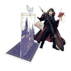 Fans Geek Store Harry Potter acrylic bookend featuring Harry with a wand and broomstick in front of Hogwarts castle