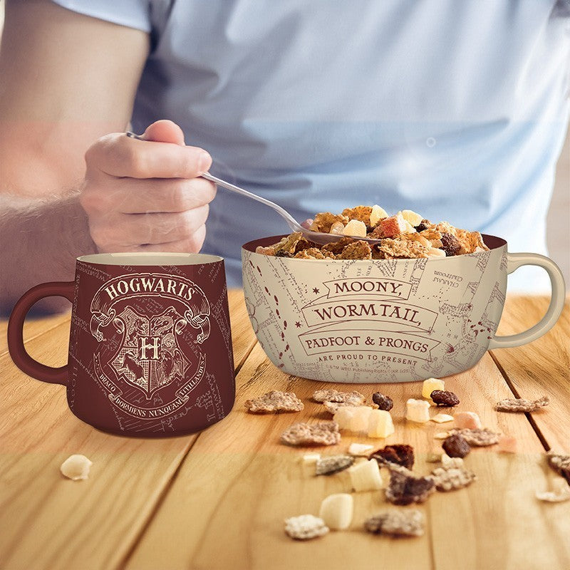 Fans Geek Store Harry Potter Marauder's Map ceramic breakfast set with a Hogwarts mug and a large cereal bowl