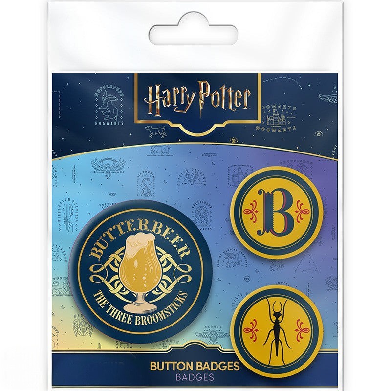 Fans Geek Store Harry Potter Butterbeer badge set featuring three round pins with soft-touch finish in blue and gold.