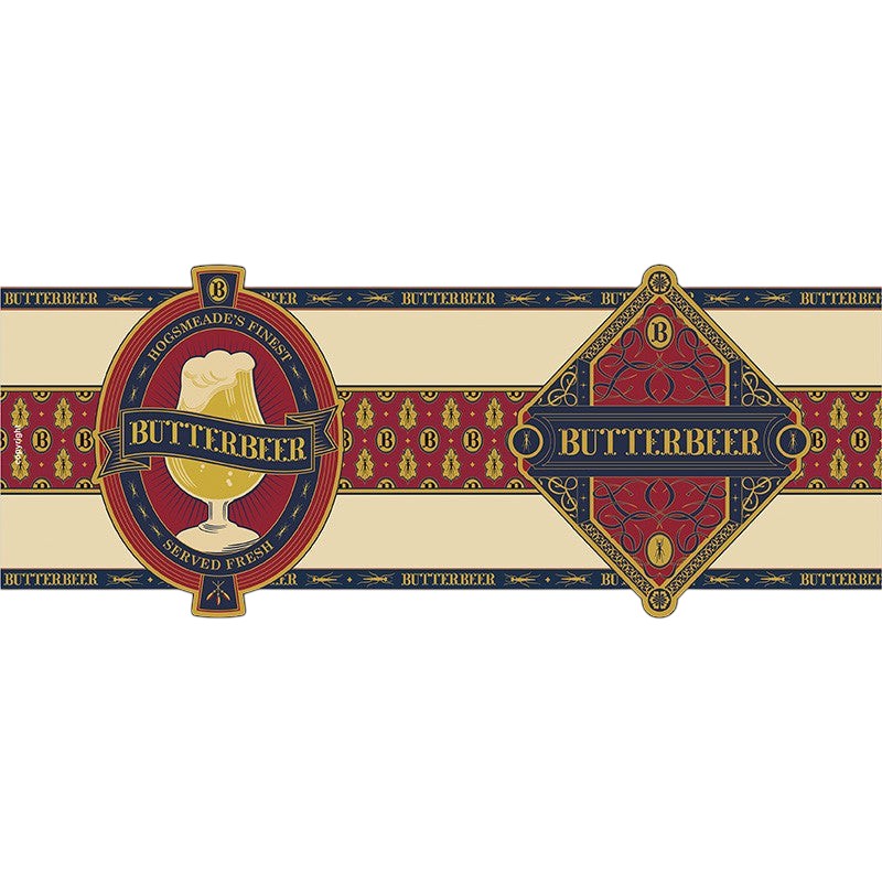 Fans Geek Store Harry Potter Butterbeer ceramic mug design featuring Hogsmeade branding in red, blue, and cream.