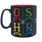 Fans Geek Store Harry Potter ceramic mug featuring the four Hogwarts house crests with a red interior and matte finish