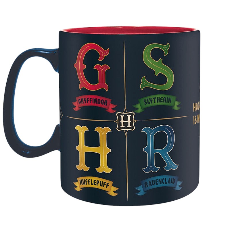 Fans Geek Store Harry Potter ceramic mug featuring the four Hogwarts house crests with a red interior and matte finish
