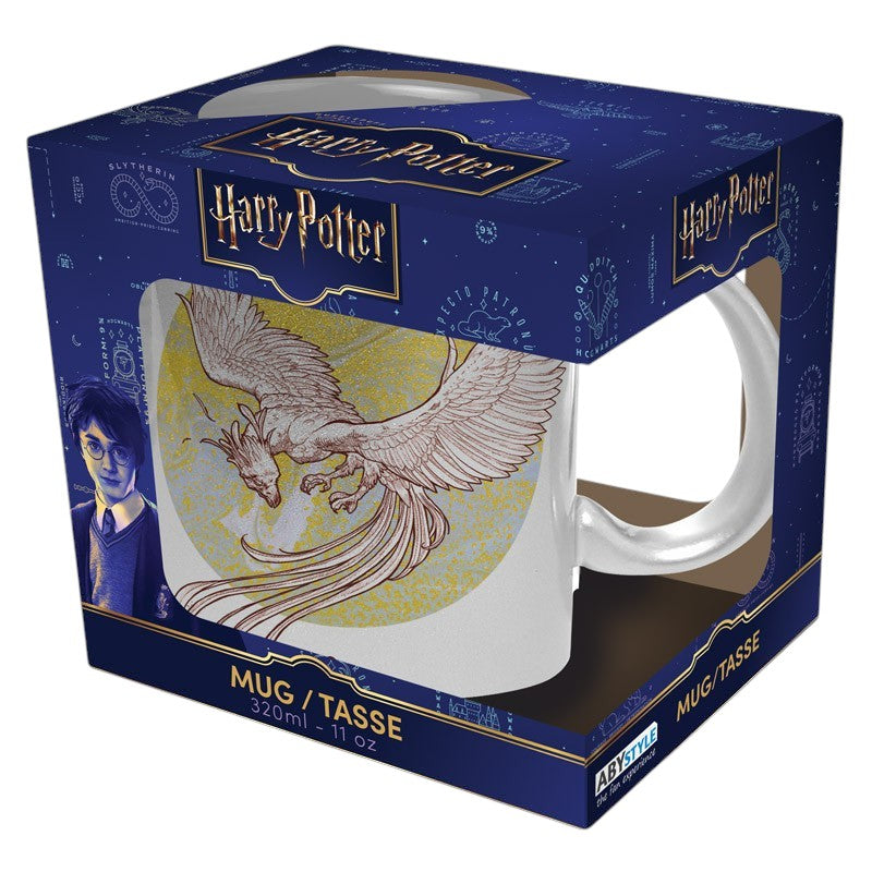 Fans Geek Store Harry Potter Fawkes phoenix ceramic mug with silver metallic finish in branded window gift box