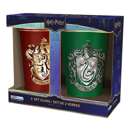 Fans Geek Store Harry Potter ABYstyle glass set featuring Gryffindor and Slytherin house crests in red and green