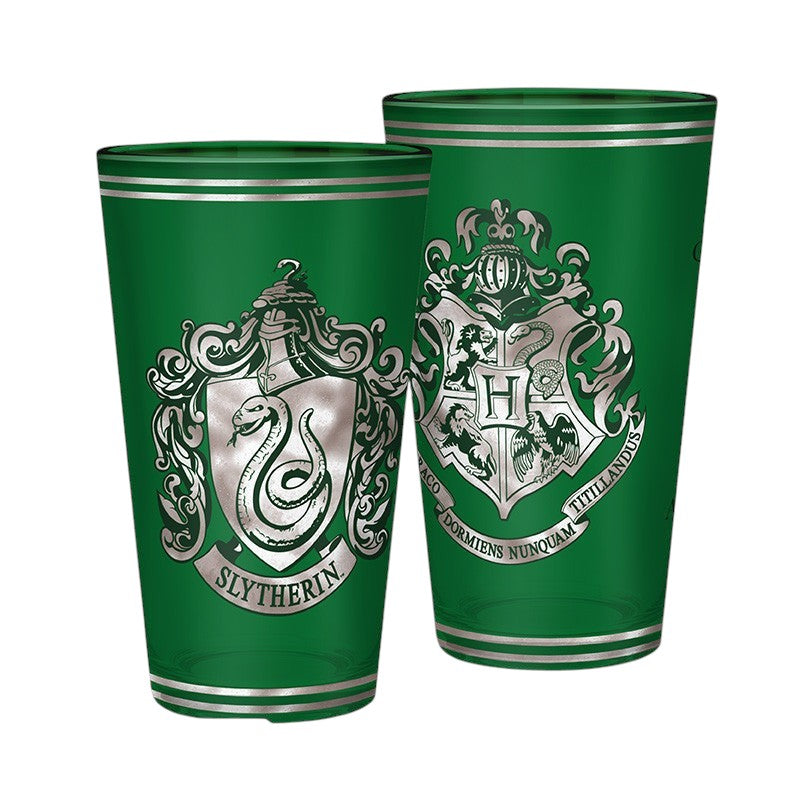 Fans Geek Store Harry Potter Gryffindor and Slytherin glass set featuring silver house crests on green glass