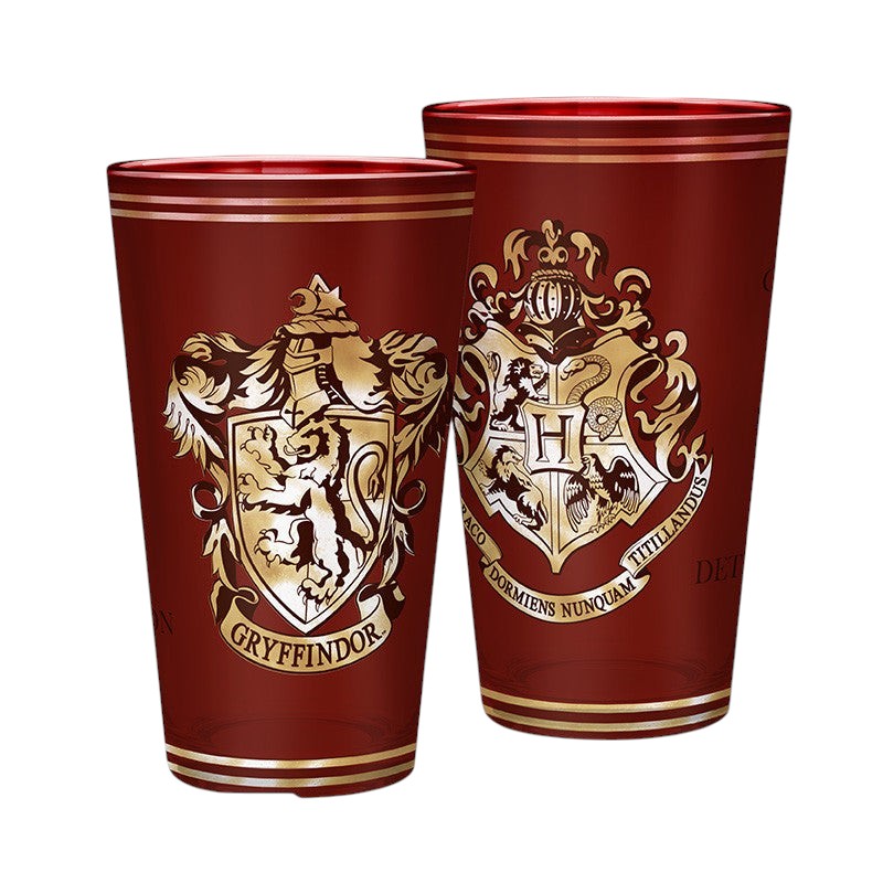 Fans Geek Store Harry Potter Gryffindor and Slytherin glass set with gold house crests on deep red 400ml glasses