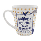 Fans Geek Store Harry Potter ceramic mug featuring a Hogwarts acceptance letter design with gold stars and Hedwig