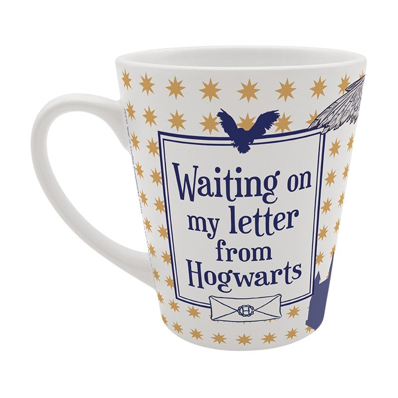 Fans Geek Store Harry Potter ceramic mug featuring a Hogwarts acceptance letter design with gold stars and Hedwig