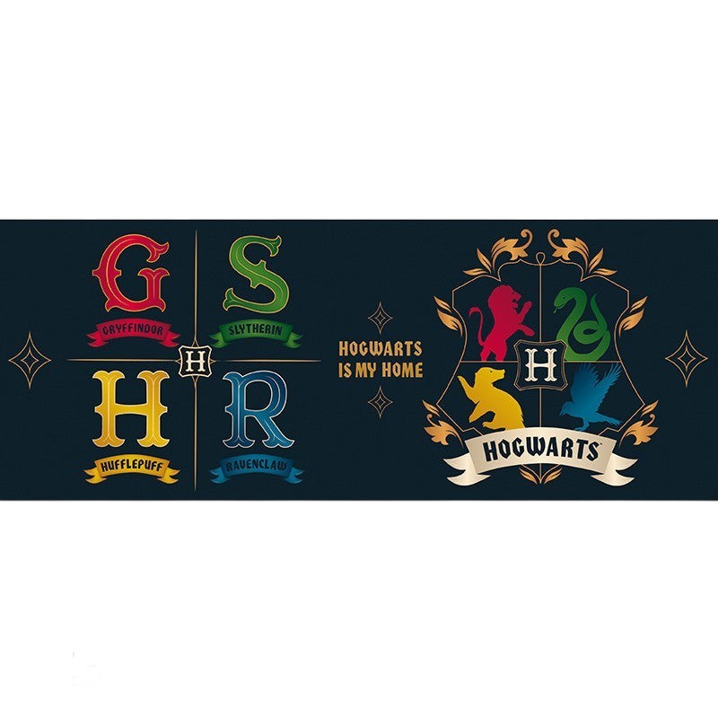 Fans Geek Store Harry Potter ceramic mug featuring the four Hogwarts house crests and the Hogwarts school emblem