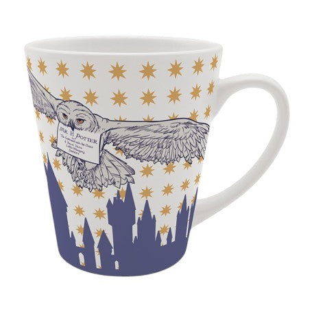 Fans Geek Store Harry Potter ceramic mug featuring Hedwig the owl with a Hogwarts letter and castle silhouette