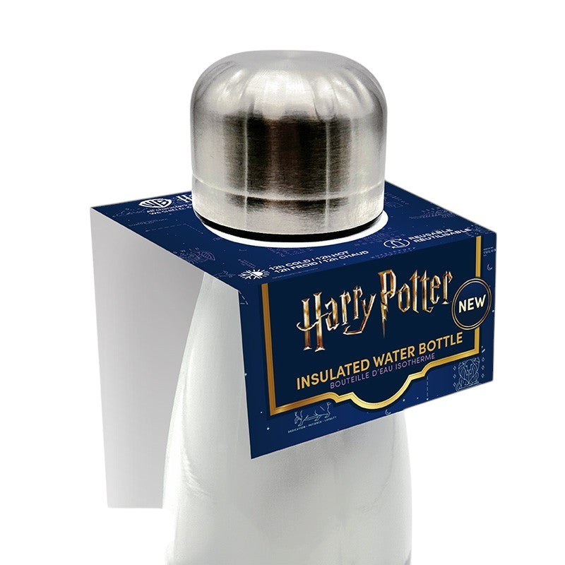 Fans Geek Store Harry Potter stainless steel insulated water bottle with Hogwarts branding and silver cap