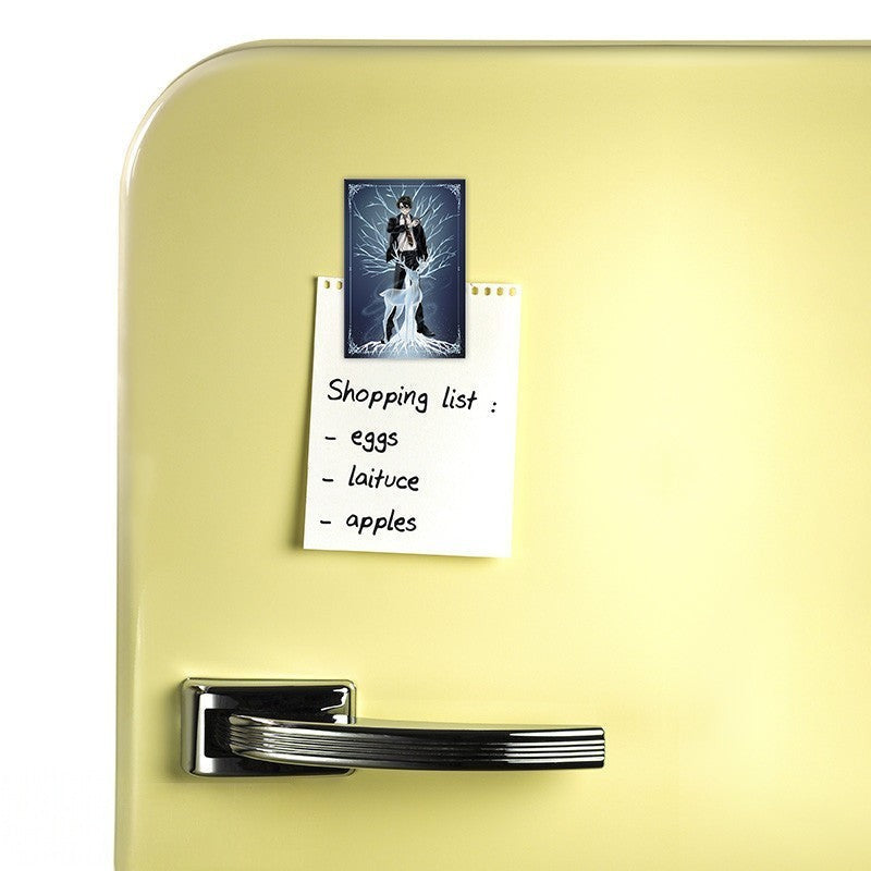 Fans Geek Store Harry Potter magnet featuring Harry and his Patronus stag on a yellow refrigerator with a shopping list