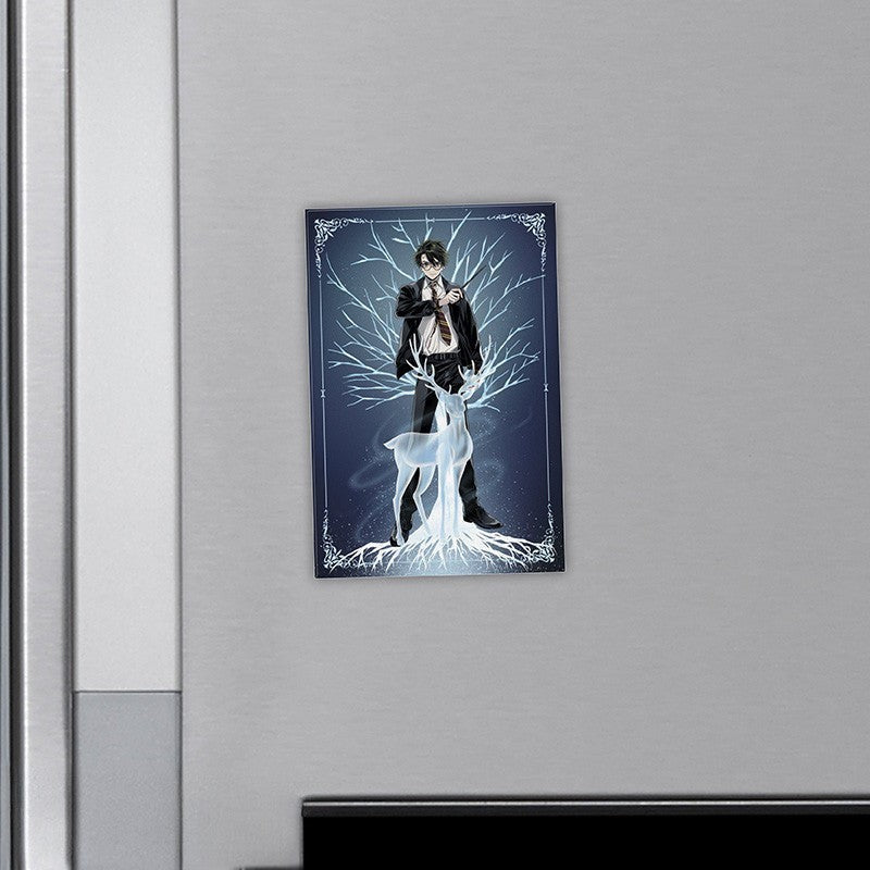 Fans Geek Store Harry Potter magnet featuring Harry and his Patronus stag in a matte finish on a metal surface