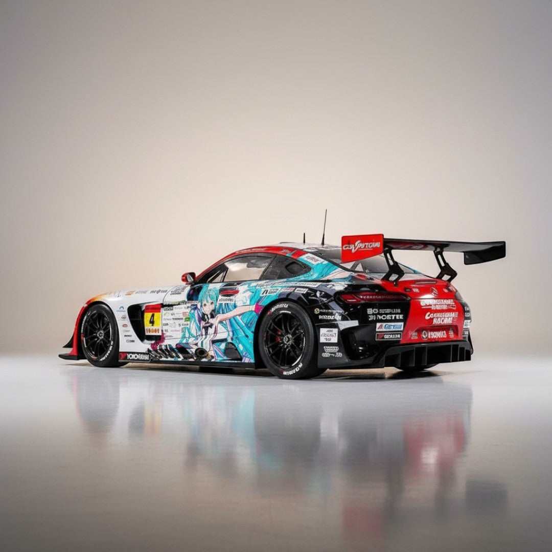 Fans Geek Store 1/18 scale resin model of the 2026 Hatsune Miku AMG race car with vibrant teal and red livery.
