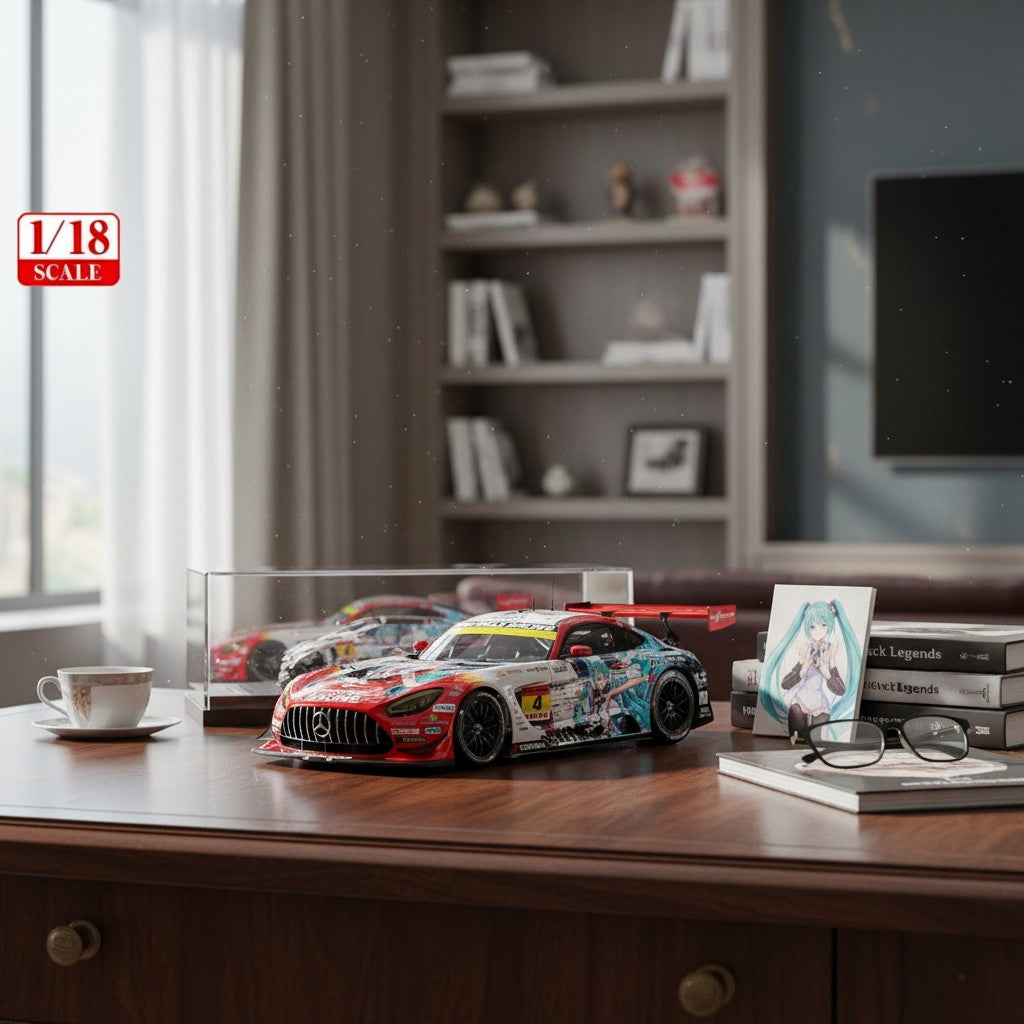 Fans Geek Store 1/18 scale resin model of the 2026 Hatsune Miku AMG race car, featuring vibrant graphics and sponsor logos.