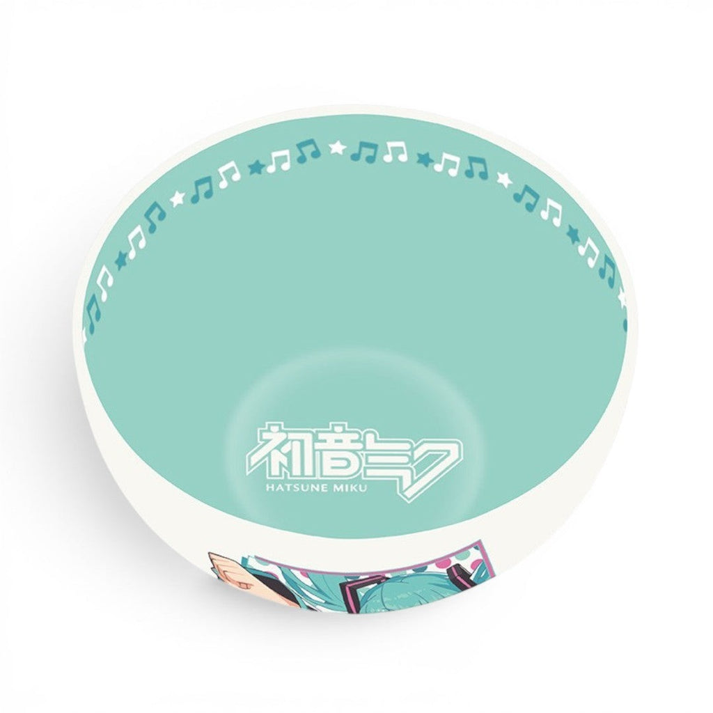 Fans Geek Store Hatsune Miku stoneware bowl with teal interior, musical note pattern, and character graphic.