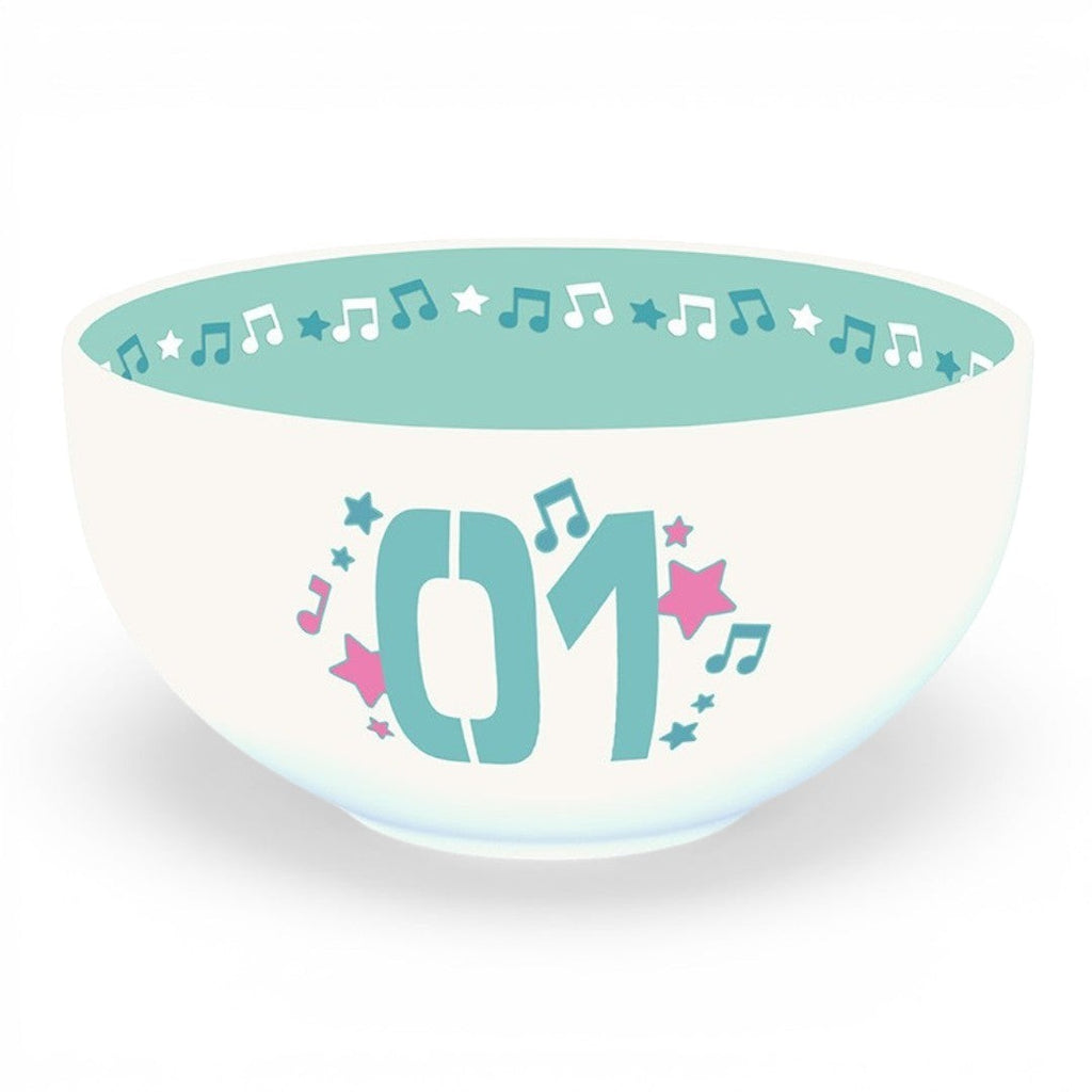 Fans Geek Store Hatsune Miku stoneware bowl with 01 design, musical notes, and stars, 600ml capacity.