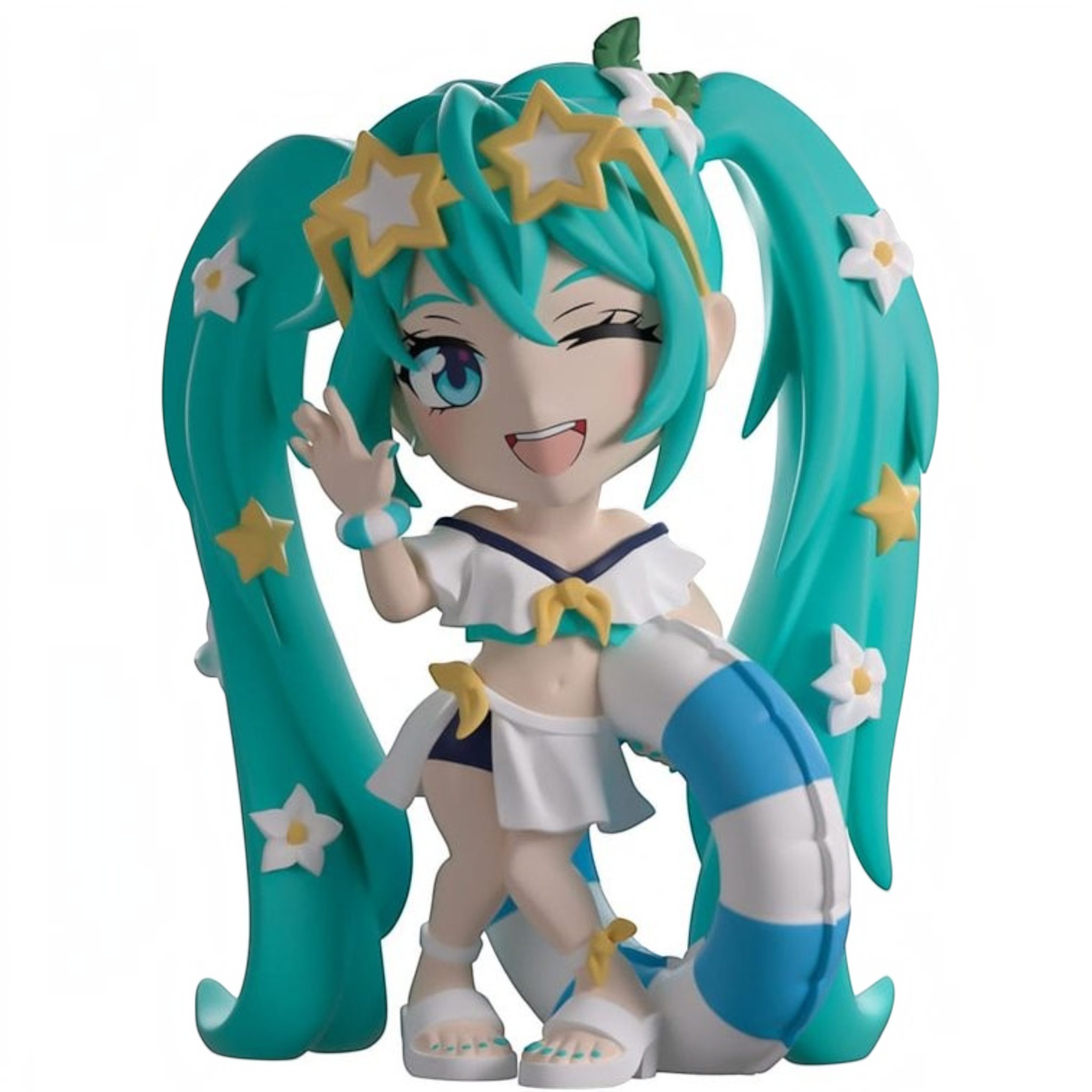 Fans Geek Store Hatsune Miku Summer Style vinyl figure with teal twintails, star sunglasses, and blue swim ring
