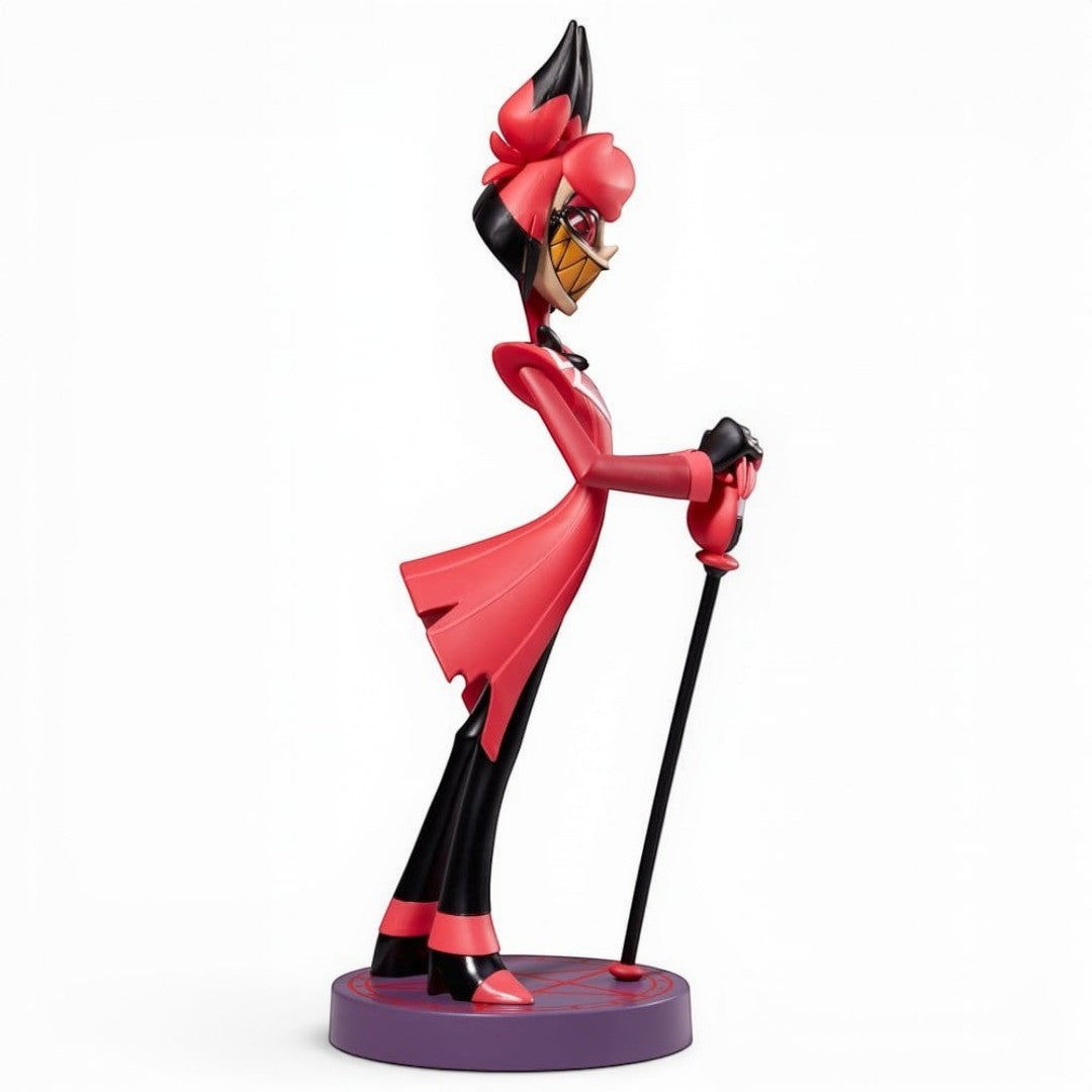 Fans Geek Store 18cm Alastor PVC statue from Hazbin Hotel featuring his signature red suit and microphone cane.