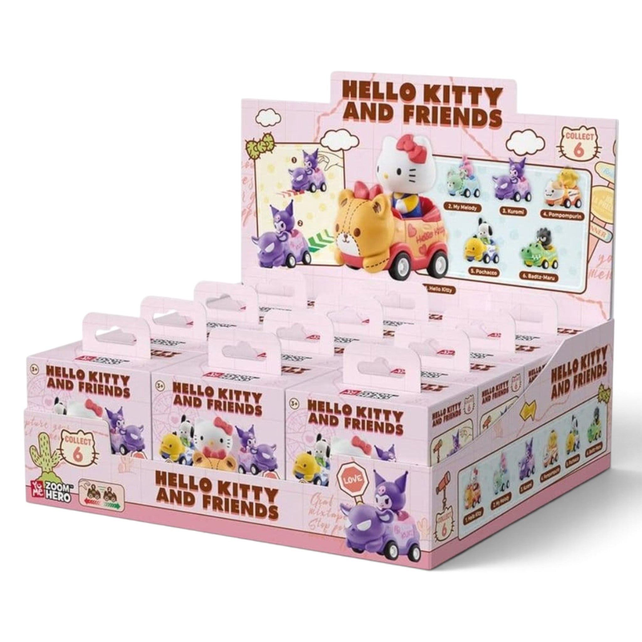 Fans Geek Store Sanrio Hello Kitty Zoom Hero pullback vehicle blind box display case with six collectible figures