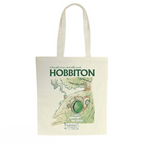 Fans Geek Store beige cotton tote bag featuring a Hobbiton illustration with a green round door from Lord of the Rings