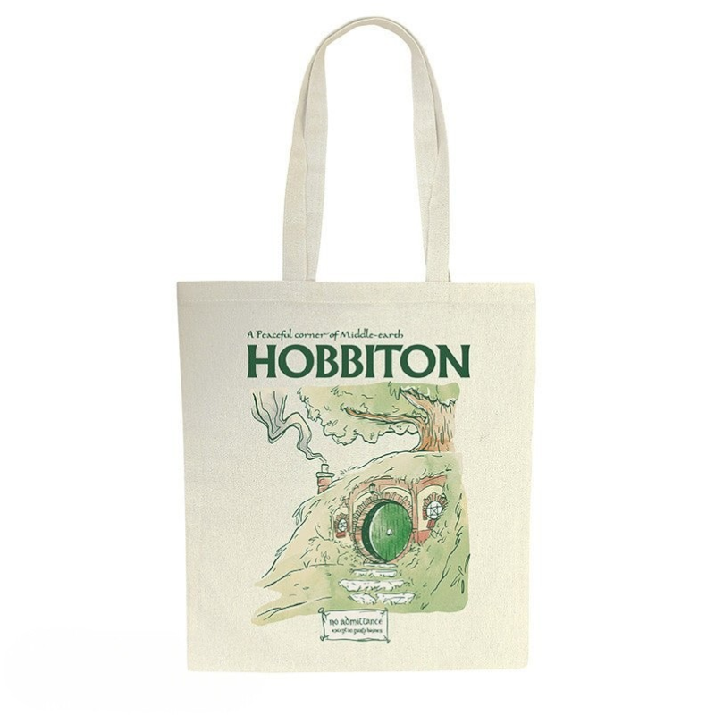 Fans Geek Store beige cotton tote bag featuring a Hobbiton illustration with a green round door from Lord of the Rings