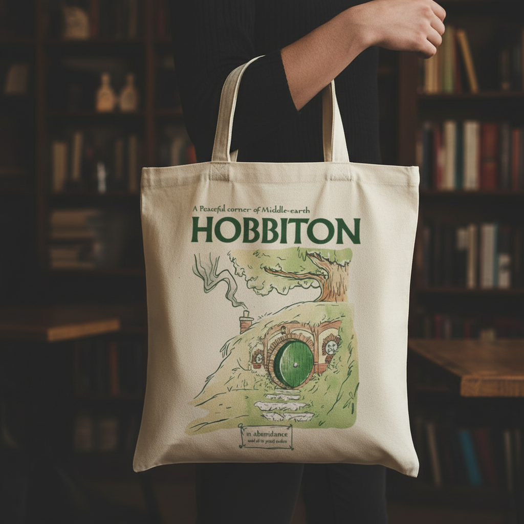 Fans Geek Store beige cotton tote bag featuring a Hobbiton illustration from The Lord of the Rings