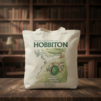 Fans Geek Store beige cotton tote bag featuring a Hobbiton illustration from The Lord of the Rings on a wooden table