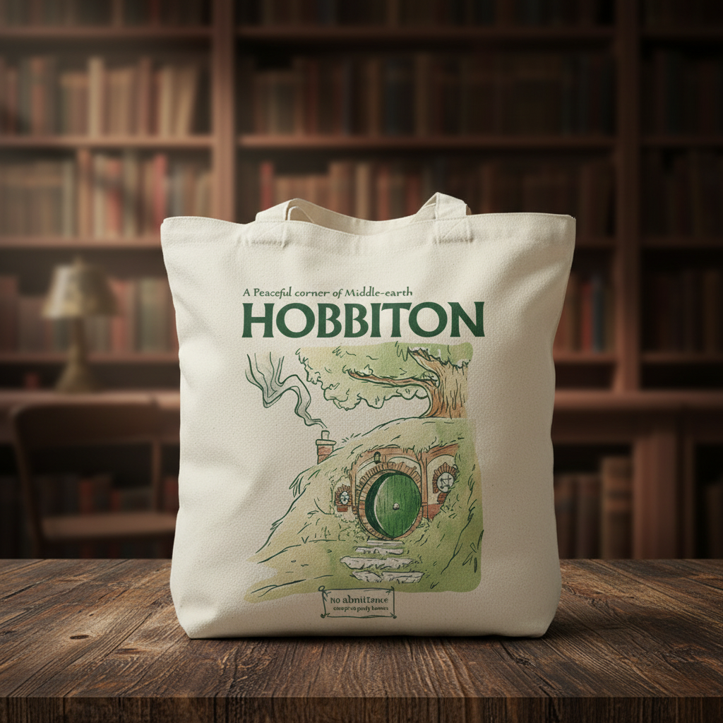 Fans Geek Store beige cotton tote bag featuring a Hobbiton illustration from The Lord of the Rings on a wooden table