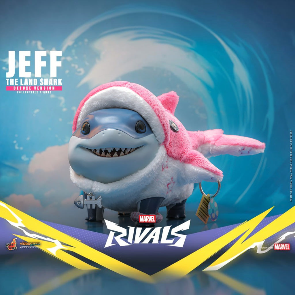 Hot Toys Jeff the Land Shark action figure in pink and white dolphin outfit with fishbone collar. Marvel Rivals collectible.