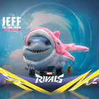 Hot Toys Jeff the Land Shark action figure in pink and white dolphin outfit with fishbone collar. Marvel Rivals collectible.