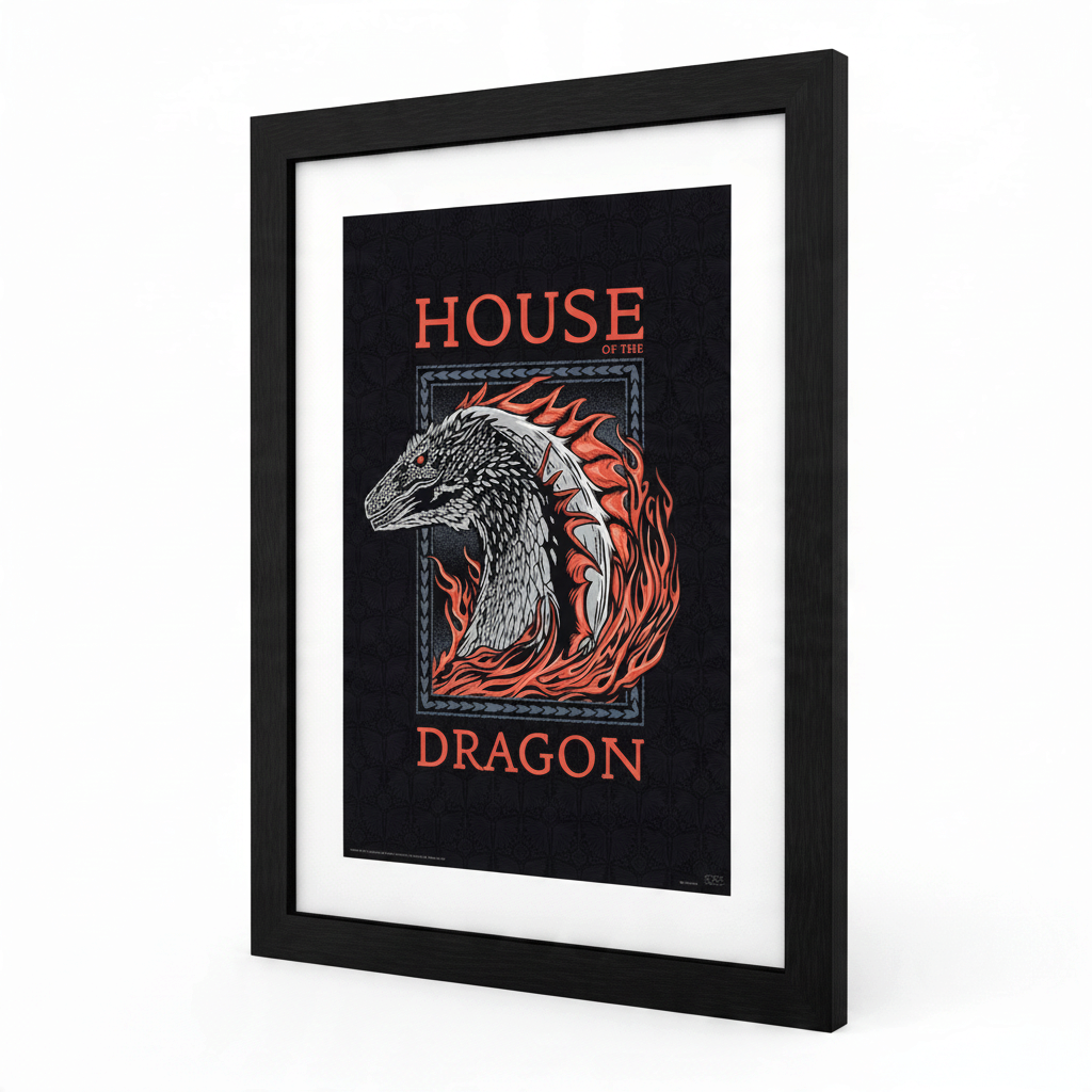 Fans Geek Store House of the Dragon red dragon poster in a black frame with a protective styrene window