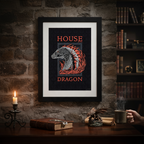 Fans Geek Store House of the Dragon red dragon poster in a black frame hanging on a rustic brick wall
