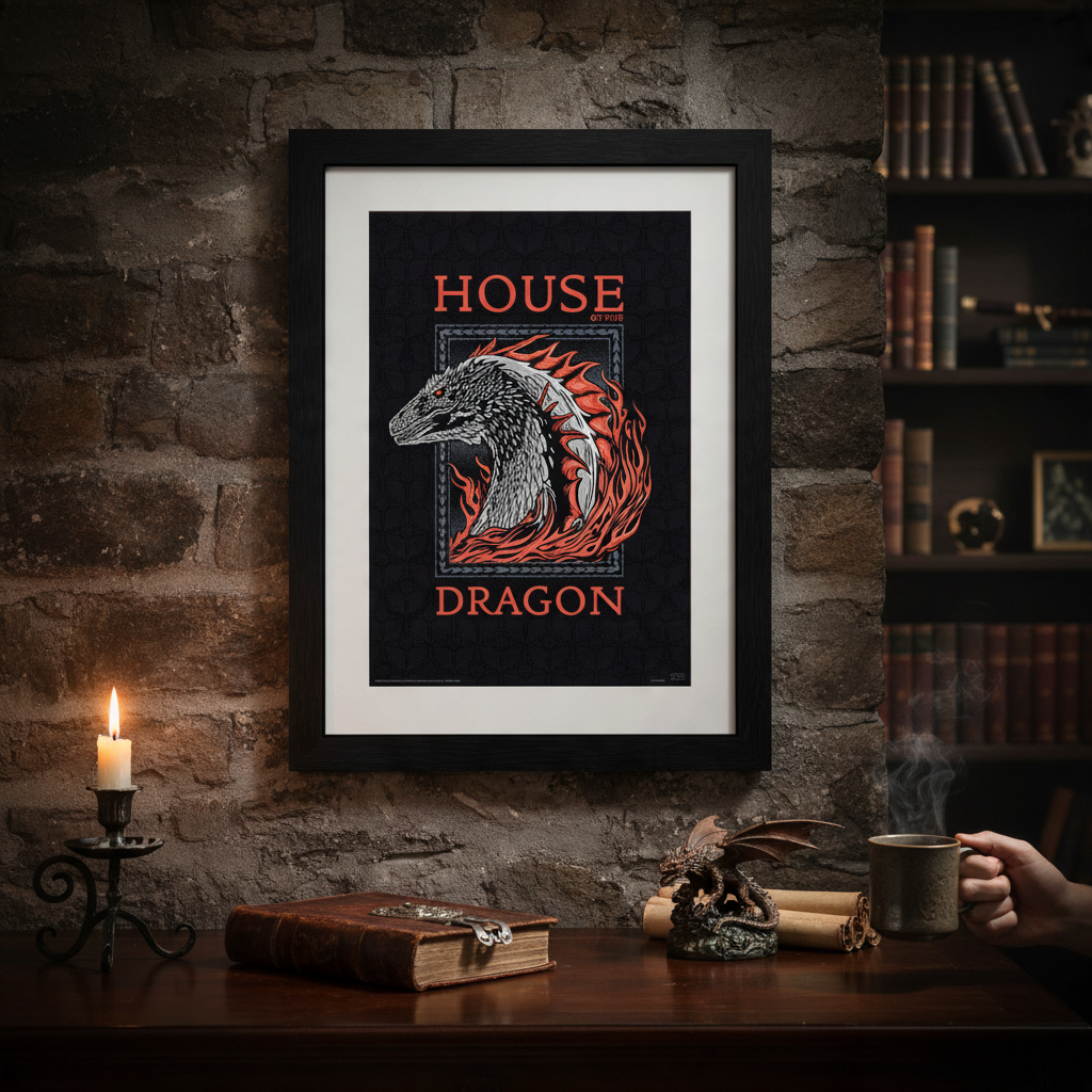 Fans Geek Store House of the Dragon red dragon poster in a black frame hanging on a rustic brick wall