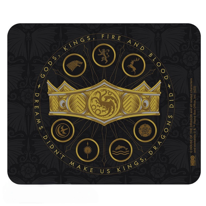 Fans Geek Store House of the Dragon mousepad featuring a golden crown and Targaryen sigil on a black background