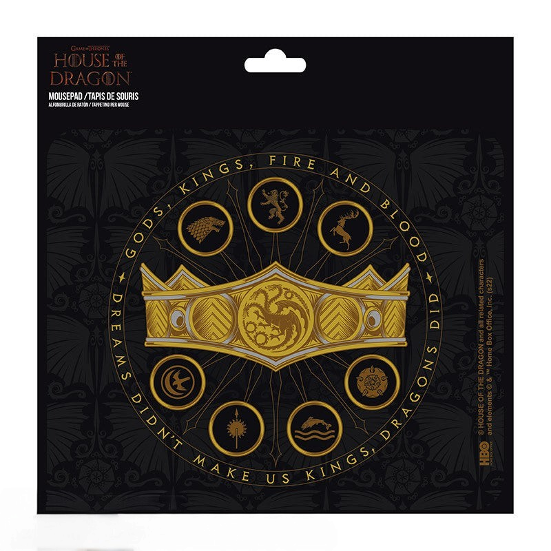 Fans Geek Store House of the Dragon mousepad featuring a gold crown and Targaryen sigil on a black background