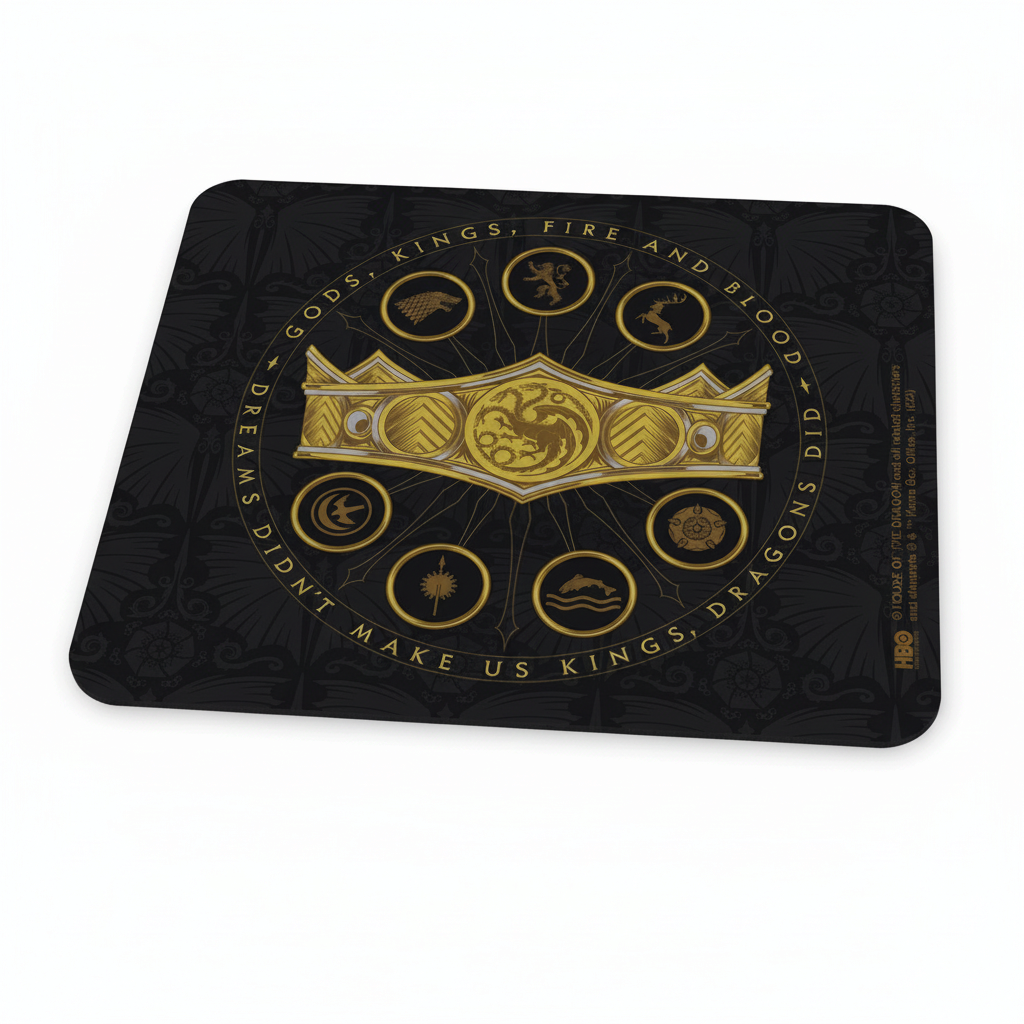 Fans Geek Store House of the Dragon Targaryen mousepad with gold crown and house sigils on a black background